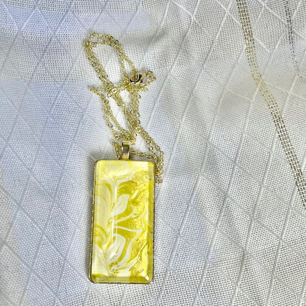 Handmade Painted Pendant Necklace with a Vintage Bezel and Brass Chain